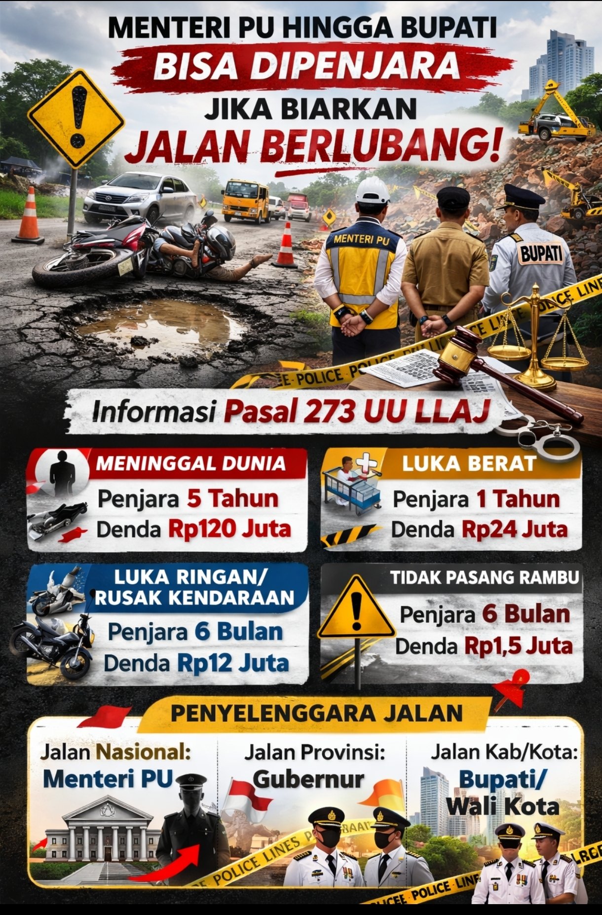 Jalan Berlubang Bisa Berujung Pidana: Dari Menteri PU hingga Bupati Terancam 5 Tahun Penjara