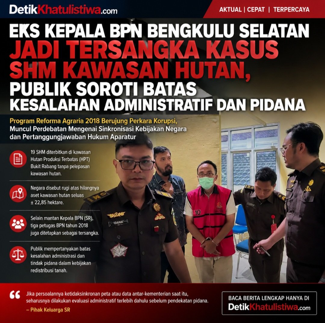 Eks Kepala BPN Bengkulu Selatan Jadi Tersangka Kasus SHM Kawasan Hutan, Publik Soroti Batas Kesalahan Administratif dan Pidana
